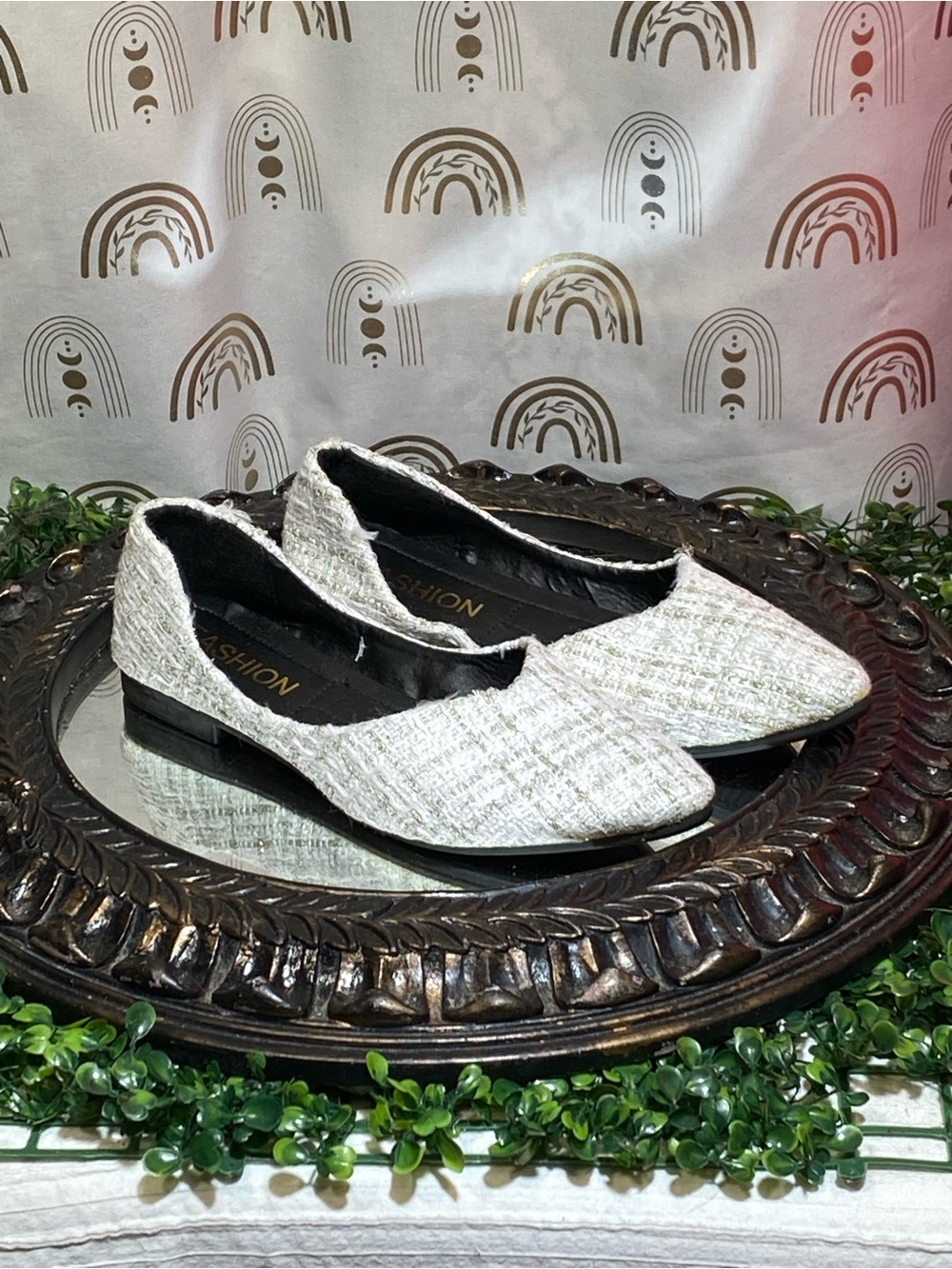 Woven Pointed Slip-On Flats in Ivory